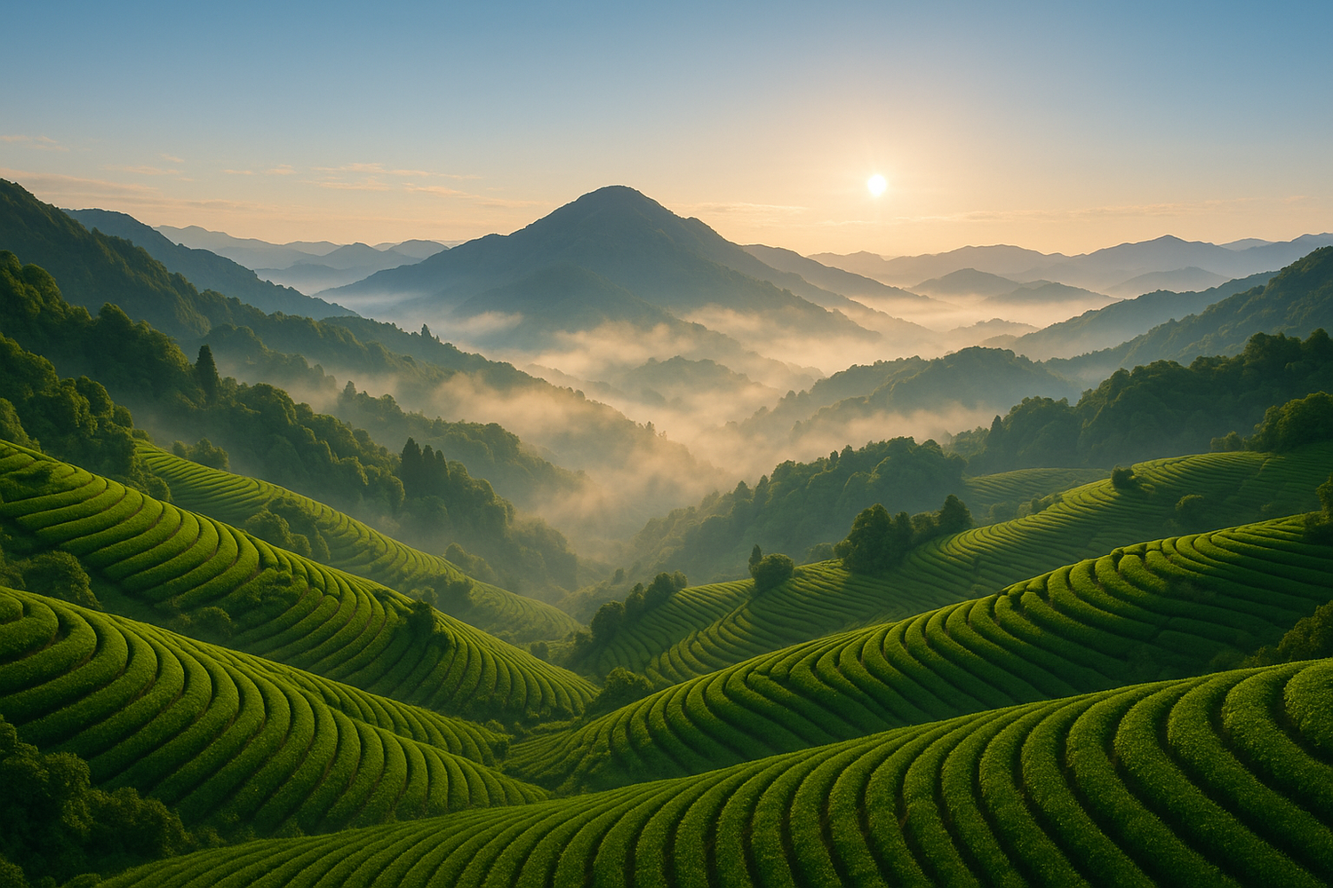 Japanese mountain landscape with tea fields showing the harmony between mountain (yama) and sky (sora) with morning mist